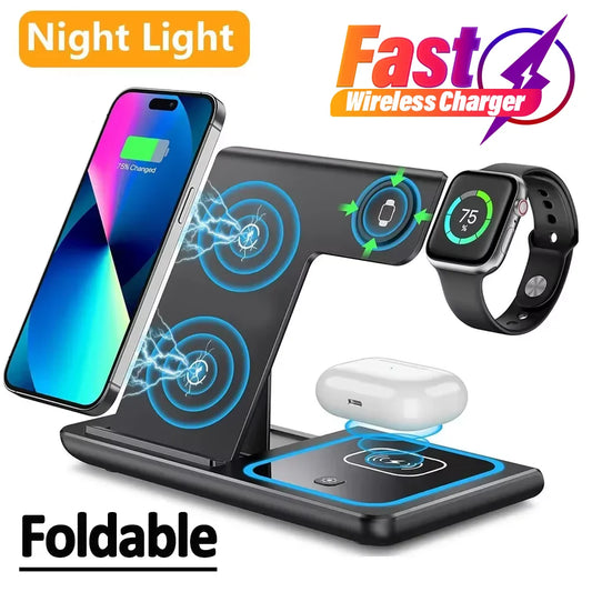 Desktop 3 In 1 Wireless Charger Stand Pad Foldable Phone Fast Charging Station Holder For iPhone 16 15 14 Pro Max iWatch Airpods